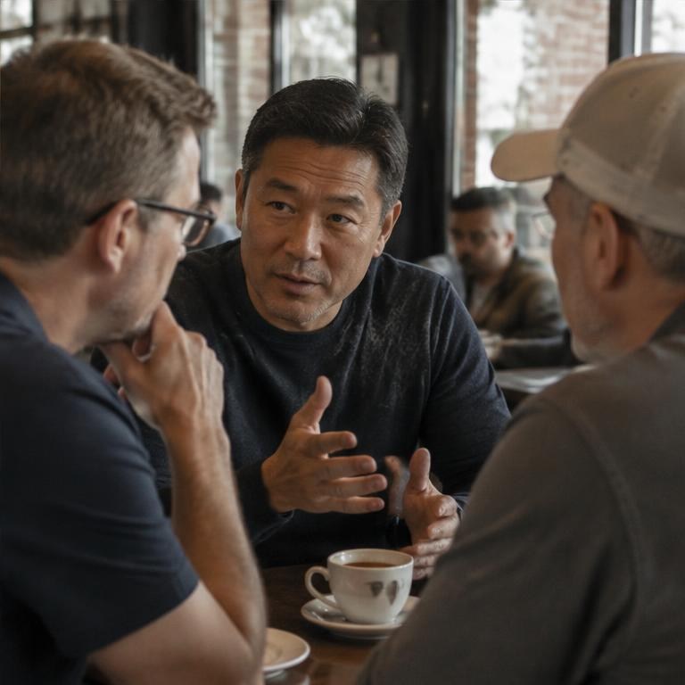 Illustration of owners having a focused conversation in a café