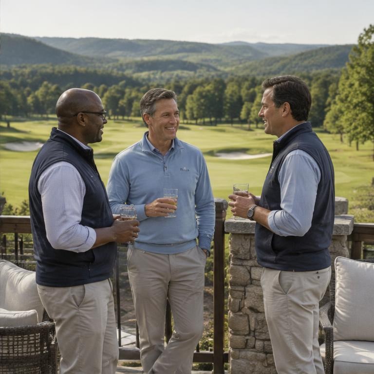 Illustration of owners talking on a golf-course terrace