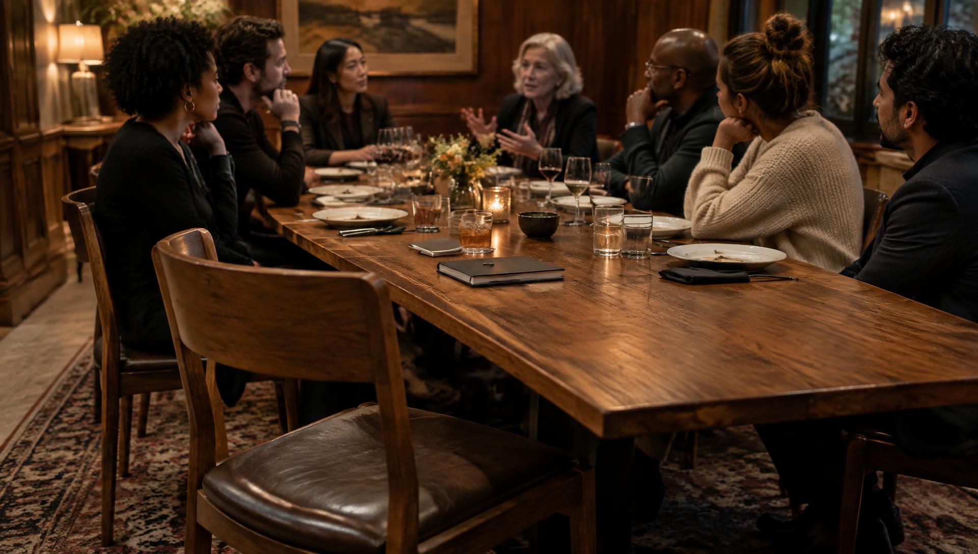 An empty chair waiting at a table where founders are already talking
