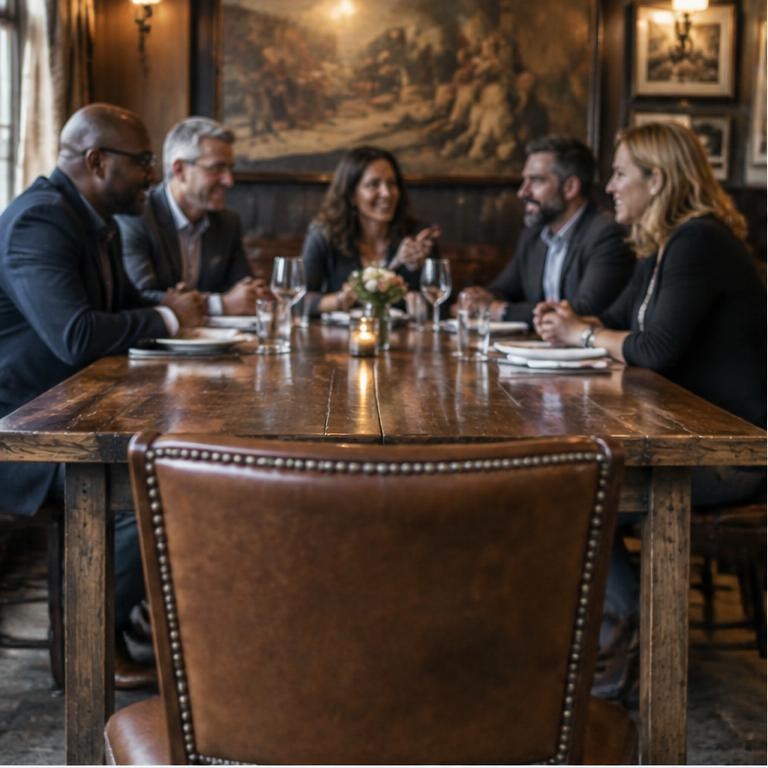 An open place at a table where entrepreneurs are talking