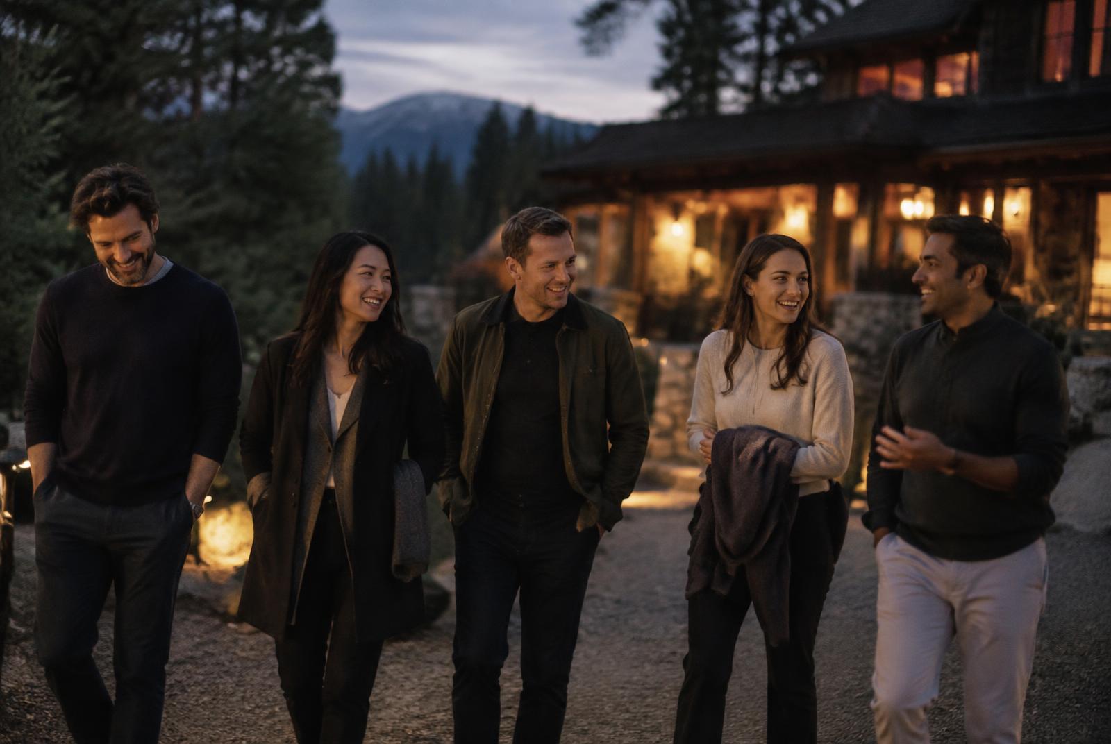 Exited founders walking together after dinner at a lodge