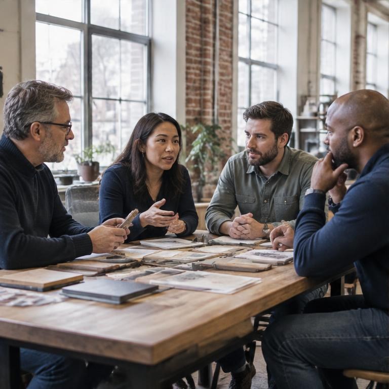 Team discussing a project at a working table