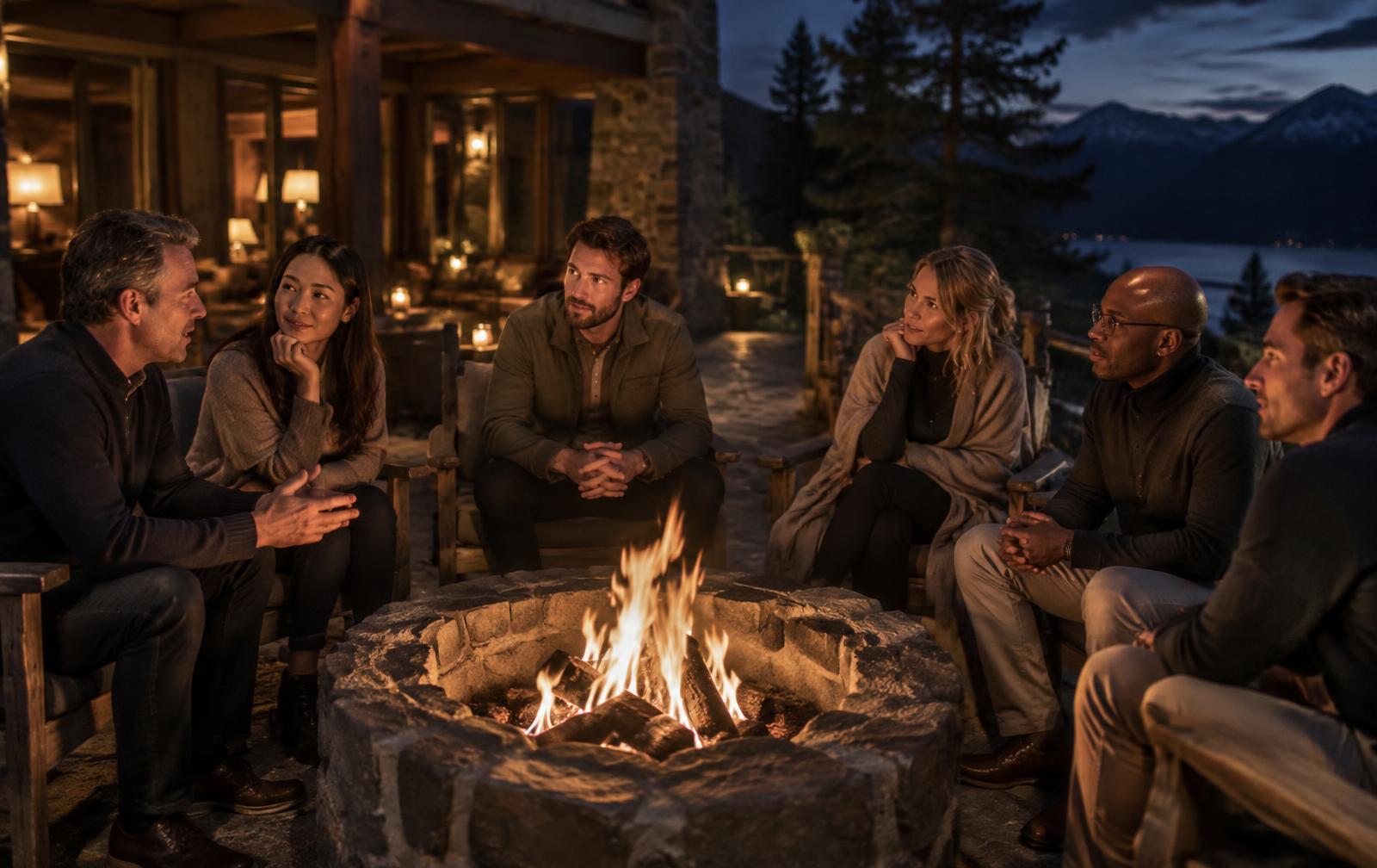Founders in conversation around a lodge fire