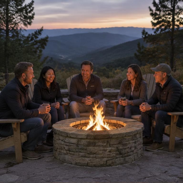 Illustration of a conversation around an outdoor fire
