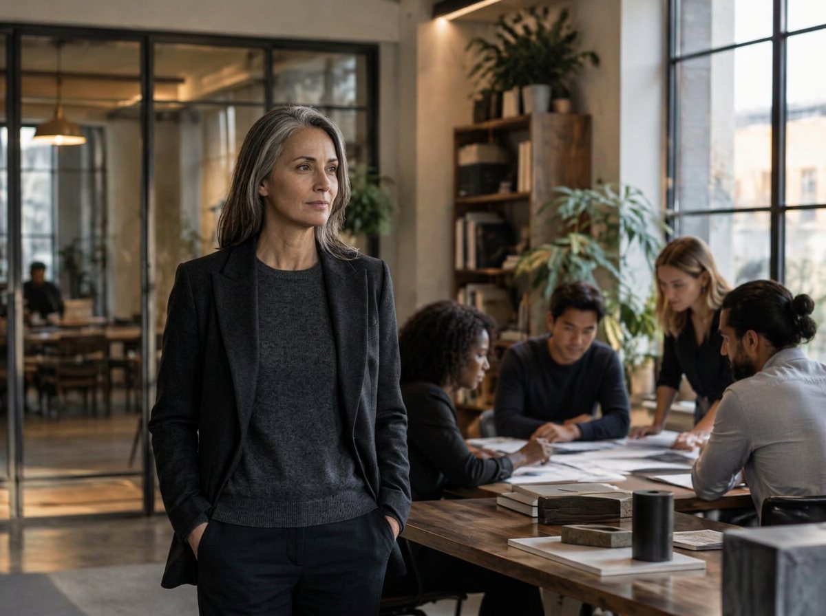 An experienced woman founder inside her operating business while her team works