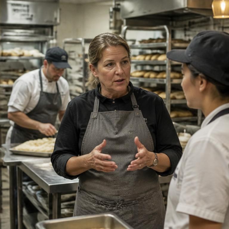Illustration of a woman owner working with her bakery team
