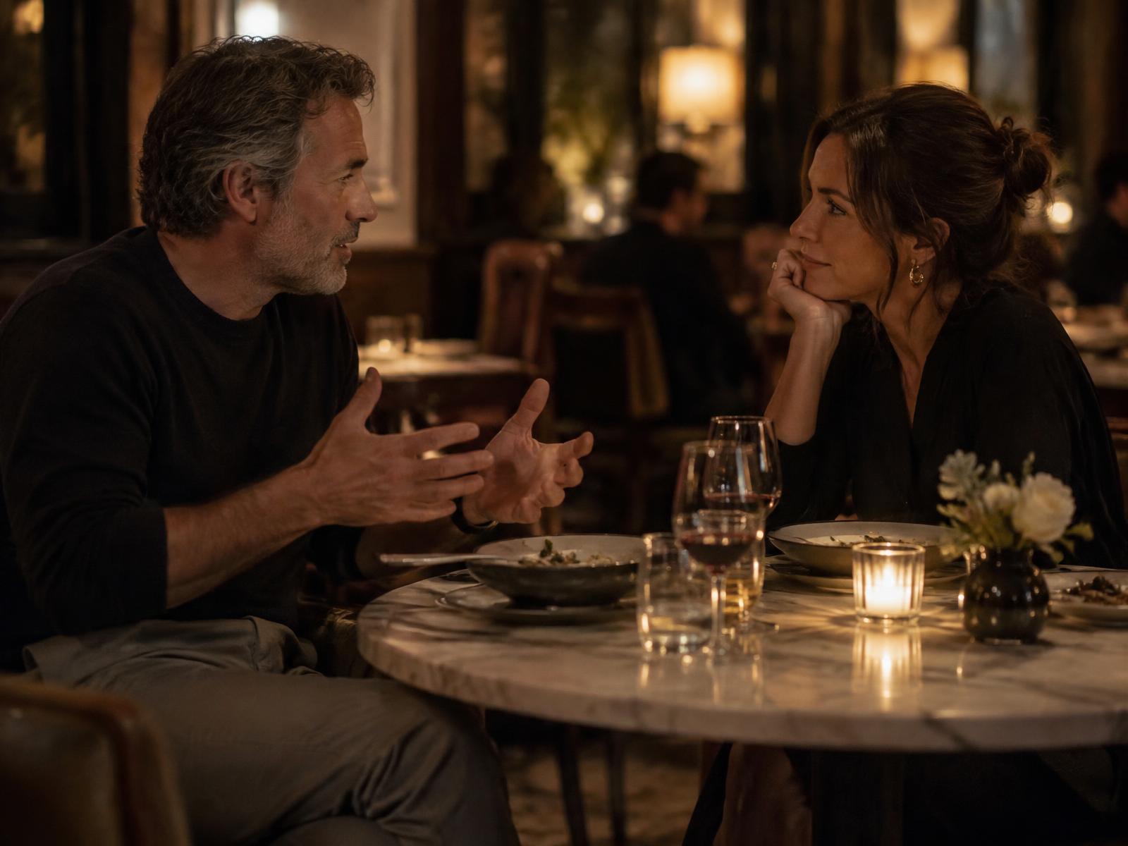 Two founders in deep conversation at a private table