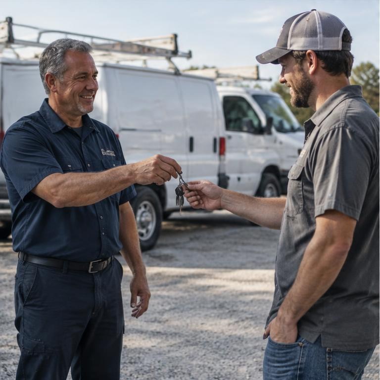 Illustration of one service-business owner handing the keys to the next