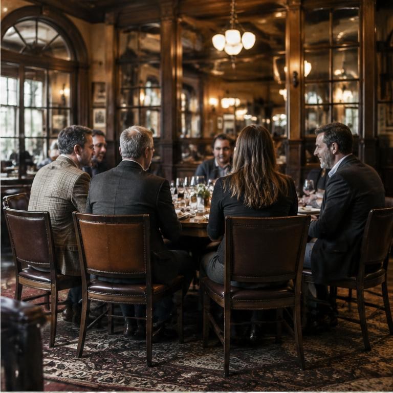 Guests gathered at a long dinner table