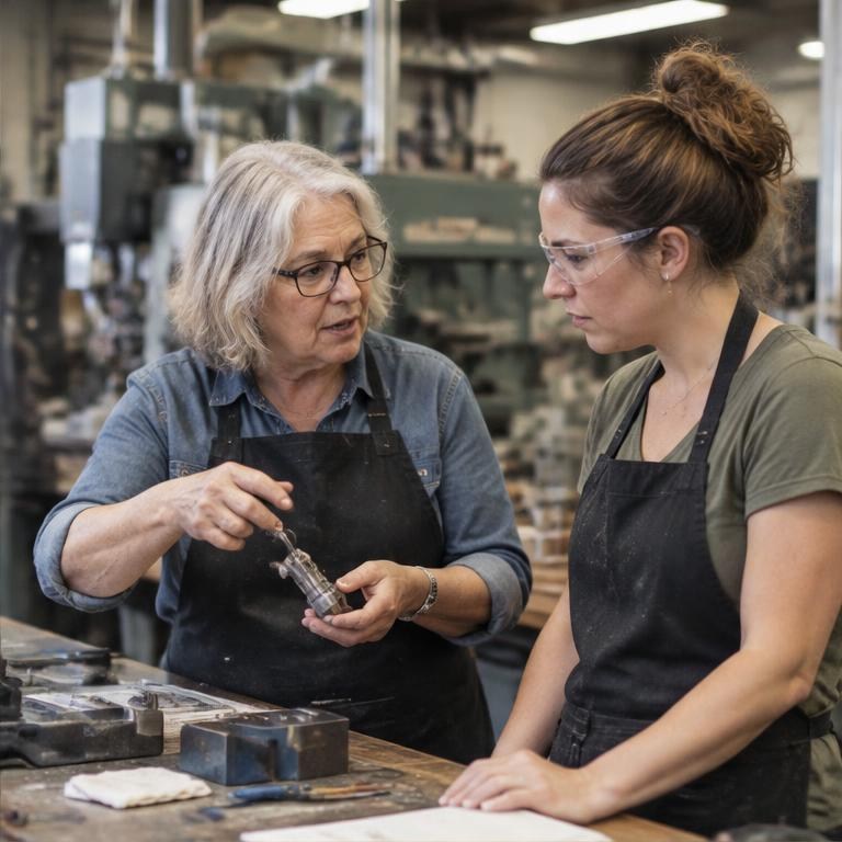 Illustration of a seasoned shop owner mentoring a colleague