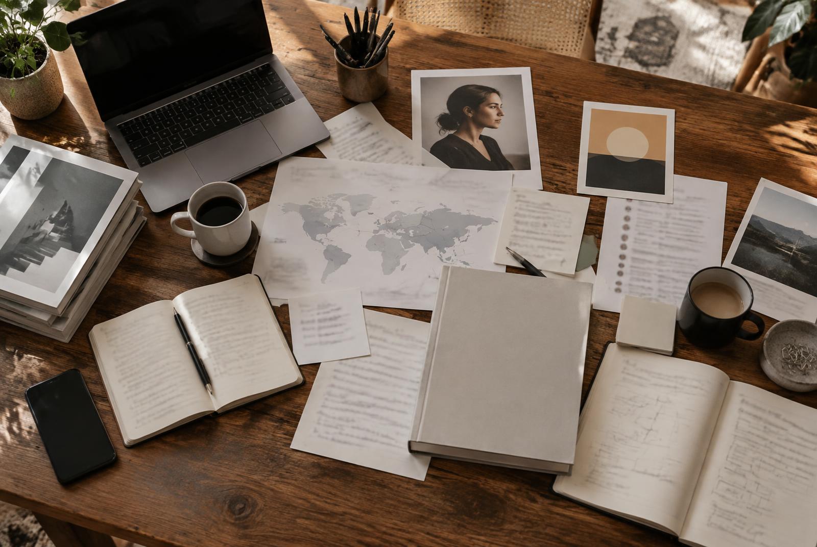 A working table covered with strategy materials and notes