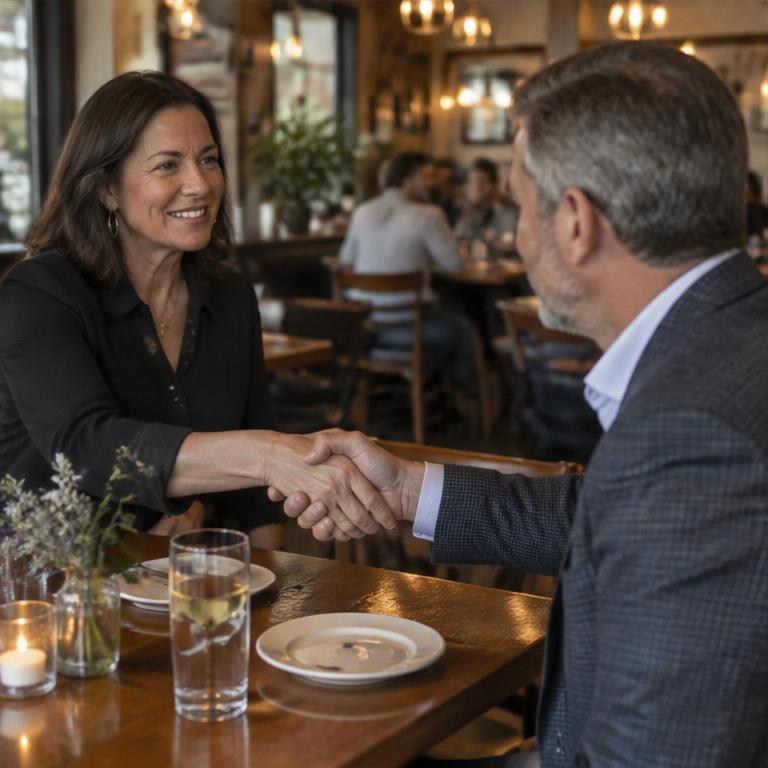 Illustration of two owners making a referral over dinner