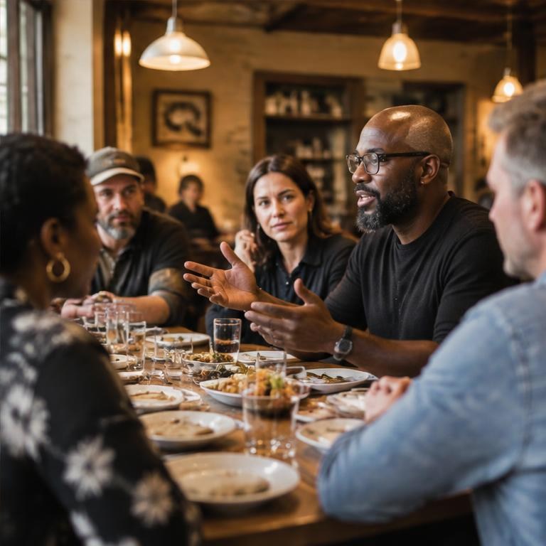 Businesspeople talking and listening around a meeting table