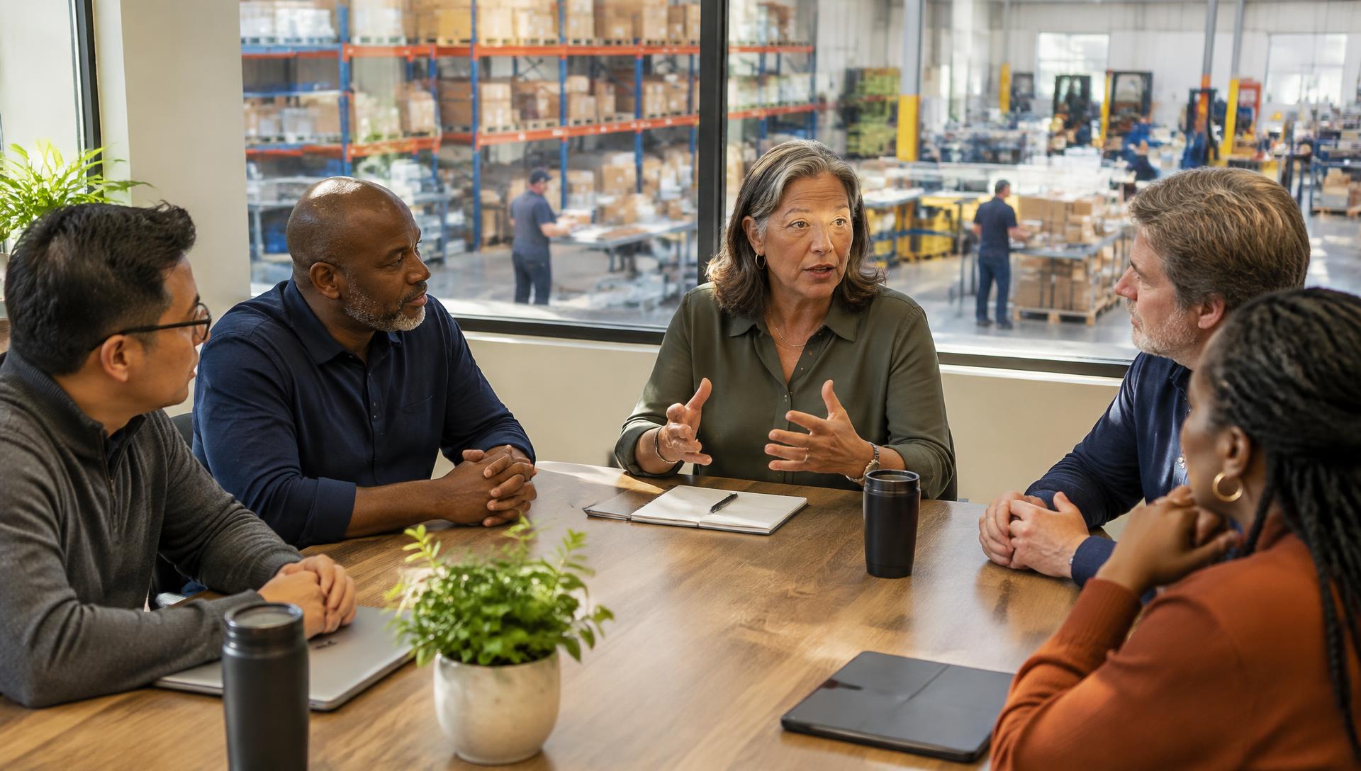 Owners meeting above the floor of a busy, well-run business