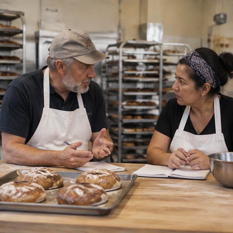 Illustration of owners discussing a growing bakery business