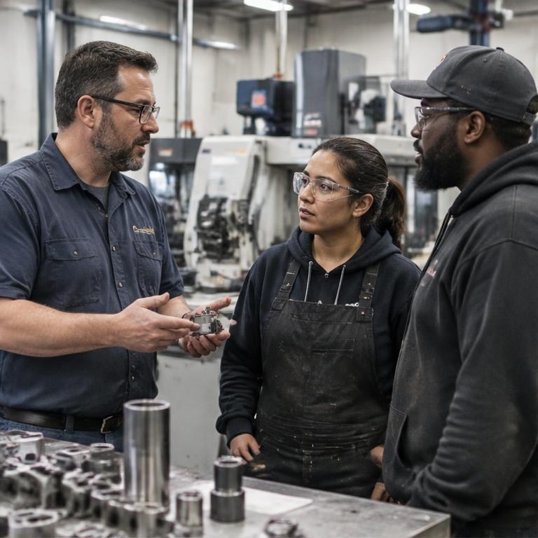 Illustration of an owner and team on a machine-shop floor